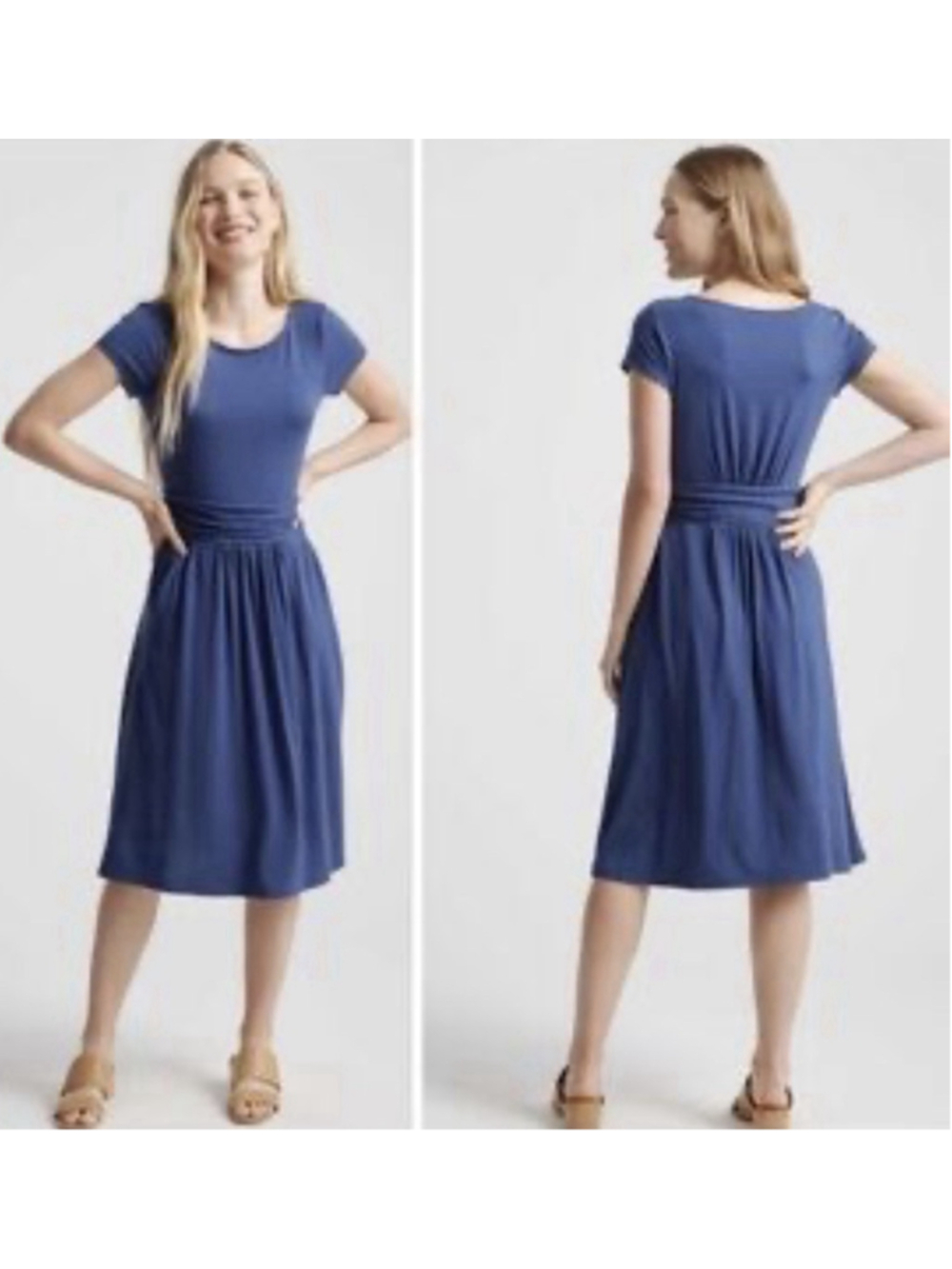 NWT Quince Tencel Jersey Ruched Waist Midi Dress MED Blue Boho Pockets Coastal